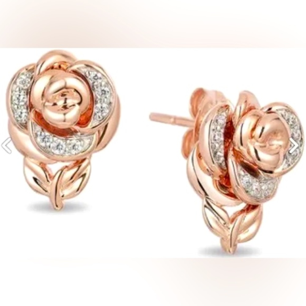 Enchanted Disney Belle 0.084 CT. Diamond Rose Stud Earrings In 10K Rose Gold
